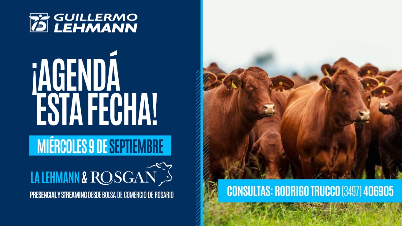 La Lehmann junto a Rosgan - Remate Habitual miércoles 9 de septiembre, Invernada Faena y Cría, presencial y streaming desde la Bolsa de Comercio de Rosario
